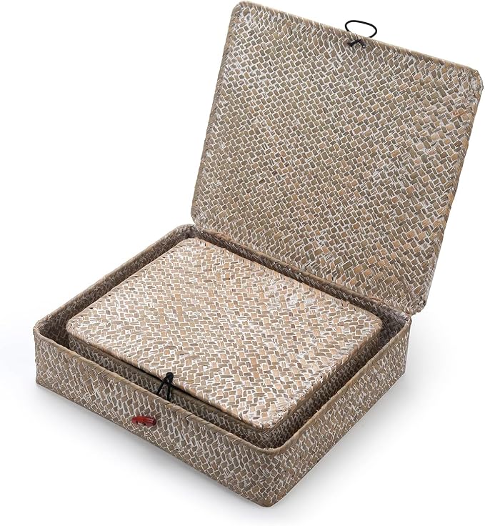Seagrass Storage Baskets with Lids, Flat Wicker Basket, Shallow Woven Basket for Shelf, Decorative Storage Boxes for Organizing (Whitewash)