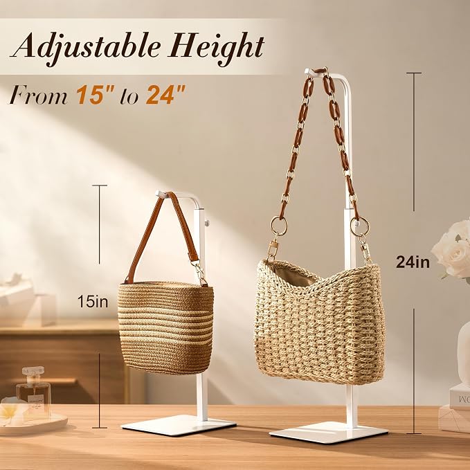 Purse Display Stand, Height-Adjustable Tabletop Handbag Holder, Multi-Use Display Rack and Banner Stand for Happy Birthday Banners, Lanterns and Wreaths, for Home, Retail and Party Use, White