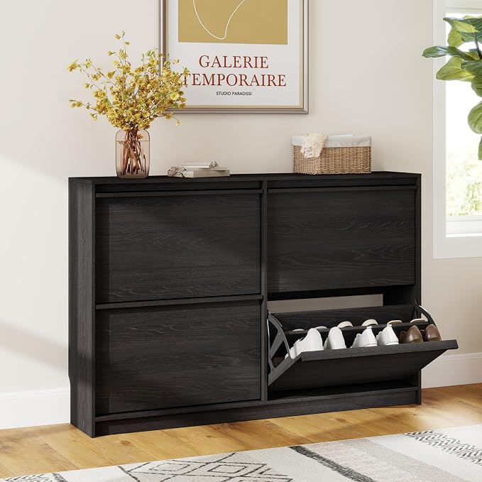 Shoe Cabinet with 4 Flip Drawers, Modern Narrow Shoe Storage Cabinet Organizer with Adjustable Shelf, Hidden Freestanding Shoe Rack for Entryway, Hallway, Living Room, Black