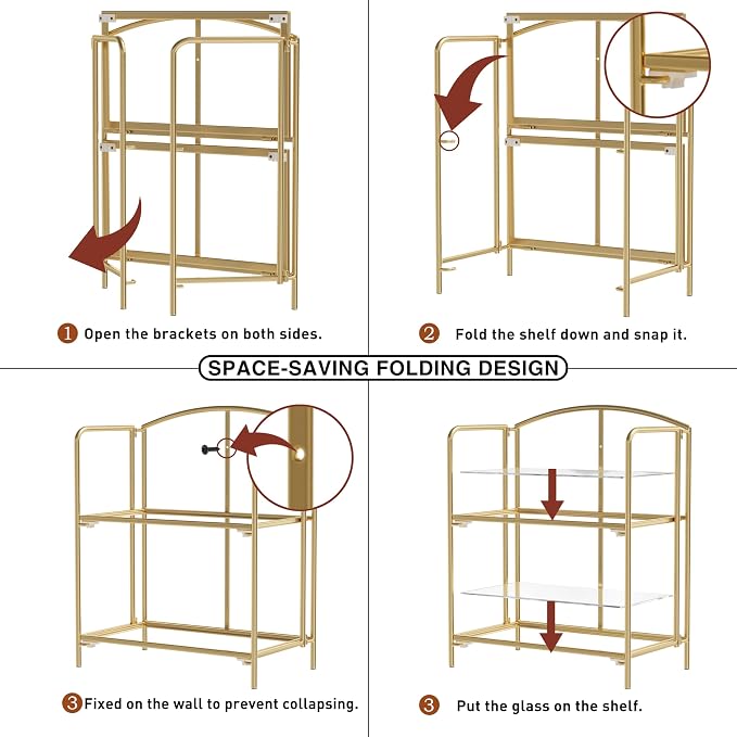 Crofy 2-Tier Foldable Bookshelf, Gold Frame & Transparent Shelves | No-Assembly Collapsible Portable Storage Organizer; Sturdy Transparent Shelves; Ideal for Living Room & Home Office