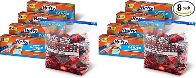 Hefty Calendar Slider Gallon Freezer Bags,1 Gallon Size Slider Bags with Stand and Fill Expandable Bottoms,Helps Prevent Freezer Burn,25 Count (Pack of 8)