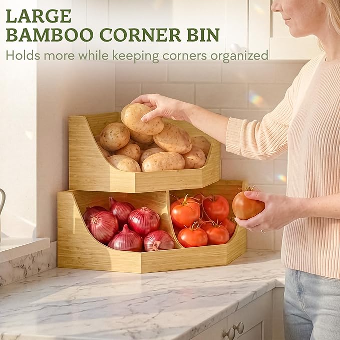 HOMESTEAD Bamboo Corner Storage Bin, 2-Tier Stackable Potato and Onion Storage Bin for Kitchen Counter Corner Shelf, Wooden Produce Storage Pantry Organizer, Fruit & Vegetable Holder, Large
