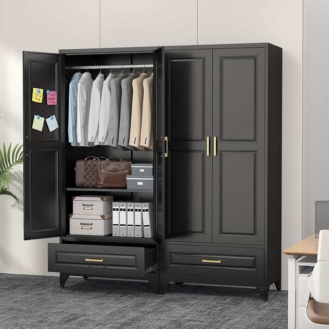 Polup Metal Armoire Wardrobe Closet with Drawer, 71“ Tall Wardrobe with Doors and Shelves, Metal Wardrobes Closet with Hanging Rod, for Bedroom, Garage, Laundry, Black