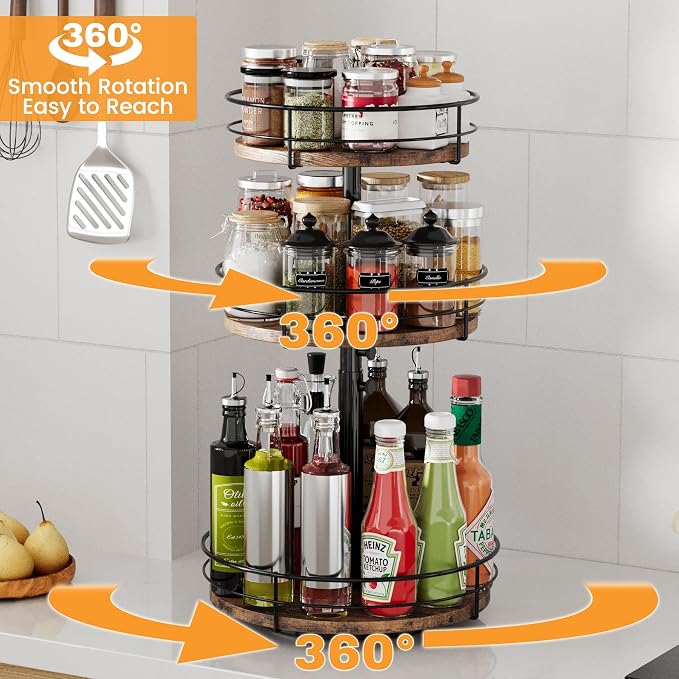 3 Tier Lazy Susan Spice Rack Organizer 360° Rotating, Black | Adjustable Height, For Kitchen Bathroom Countertop Pantry, Spinning Organizer, Table Top