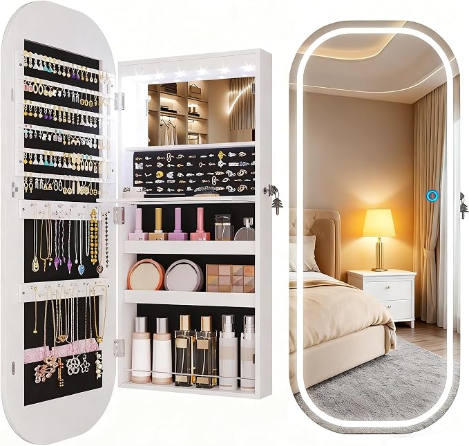 LVSOMT LED Mirror Jewelry Cabinet, Wall/Door Jewelry Organizer, 16"W, White | Lockable Jewelry Armoire with Full Length Mirror, 65 Ring and 108 Earring Slots, Foldable Shelf, Rounded Corner