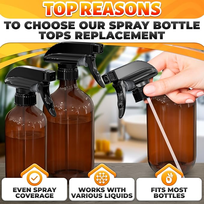 12 Pack Spray Nozzle for Bottles, Trim-To-Fit Tube; Plastic (Black) | Spray Bottle Nozzle Replacement; Fits 8 and 16 Oz; Trigger Sprayer with Mist, Stream & Off Modes; for Cleaning and Garden