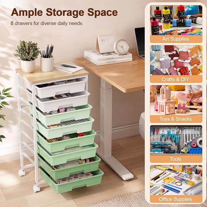 LEHOM Rolling Storage Cart with 8 Drawers, Utility Cart on Wheels with Metal Frame and Wooden Tabletop for Living Room Bedroom Dorm, Office Storage & Art Supply Craft Organizer for Classroom, Green