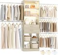 Besiost Closet System, 4-8 FT Closet Organizer System with Smart Sensor Lights, 2 Wooden Drawers and 5 Hanging Rods, Can Fit 60 to 96 inch Walk-in Closet System, Greige Oak