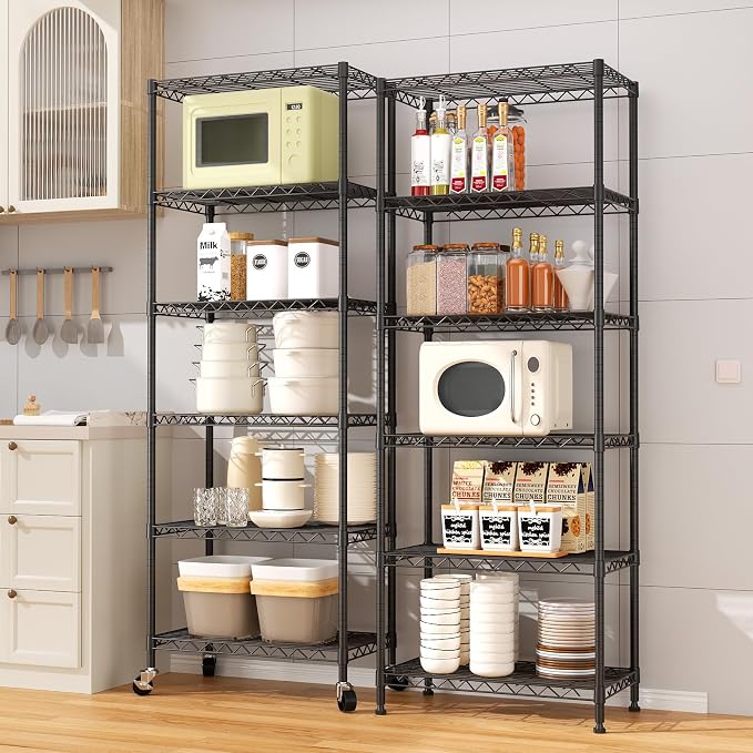 6-Tier Wire Rack Shelving,21.3" Wx11.4 Dx73 H,Metal Shelf On Lockable Wheels,Height Adjustable Wire Storage Shelves for Narrow Space/Kitchen/Pantry/Laundry/Office/Closet/Black