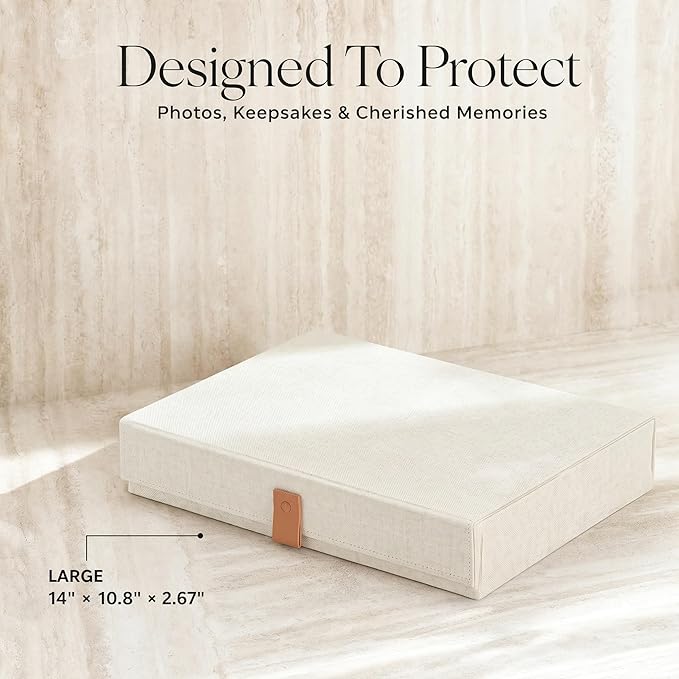 ZICOTO Decorative Photo Storage Box with Lid - A Beautiful Linen Organizer Perfect to Safely Store Your Pictures, Documents, Scrapbooking Supplies, Keepsakes and Other Memories in Style
