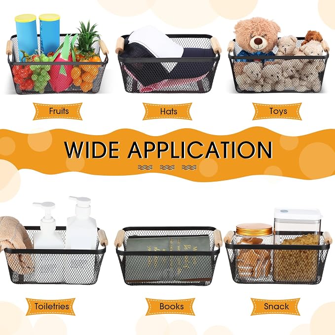 Ziliny 4 Pcs Metal Mesh Wire Baskets with Wooden Handles for Organizing, Pantry Organizers and Storage Steel Bin Kitchen Baskets for Fruit Potato Onion Snacks Bathroom Cabinet(Small,Black)