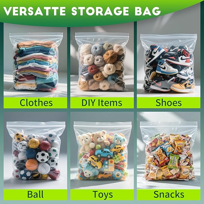 TUXIYA 30PACK 10 Gallon Extra Large Zipper Plastic Bags for Storage 24'' x 24'',Extra Large Clear Zipper Bags Reusable for Clothes, Home Moving, Travel, Camping, Thick 6 Mil