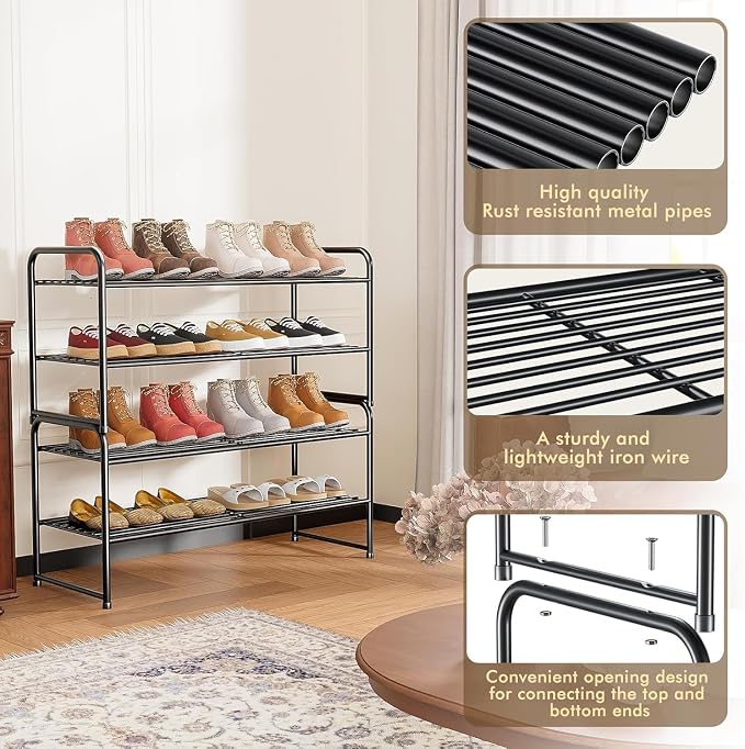 2 Pack Shoe Rack, 2-Tier Metal Stackable Shoe Shelf Storage Organizer, Heavy Duty Wire Shoe Stand for Entryway, Closet, Hallway, Holds 50 LBS, Black