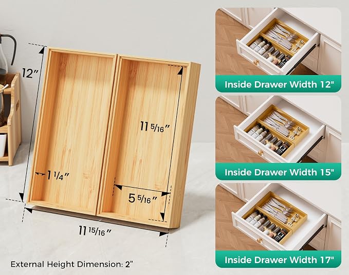Bamboo Kitchen Drawer Organizer Boxes 12" x 6" Stackable Wooden Organizers | Set of 2 Wood Silverware Utensil Tray for Drawers Bins, Cutlery & Flatware Storage for Junk Drawer, Bathroom, RV