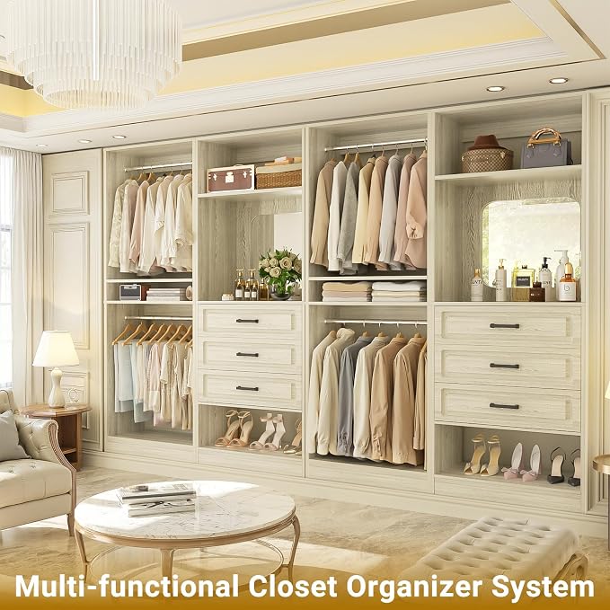 Unikito Closet System with Drawers, 100” Wood Closet Organizer with Hanging Rods and Mirror, Large Walk in Wardrobe Garment Rack with Adjustable Shelves, Freestanding Closet Tower, White Oak