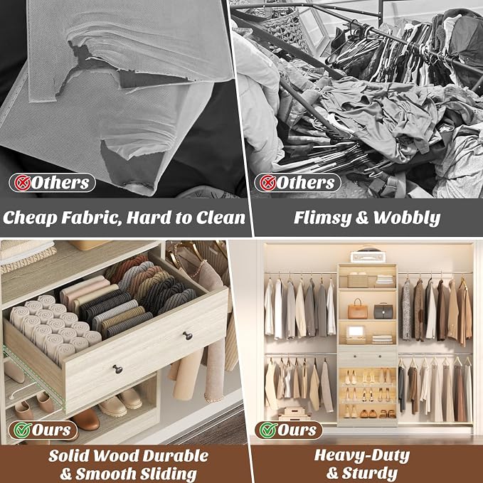 Armocity Wood Closet Organizer System - 4FT-9FT Expandable Wardrobe Closet with Drawer & 4 Hanging Rods, Heavy Duty Walk-in Closet 1000Lbs for Bedroom Walk-in Closet, White Oak