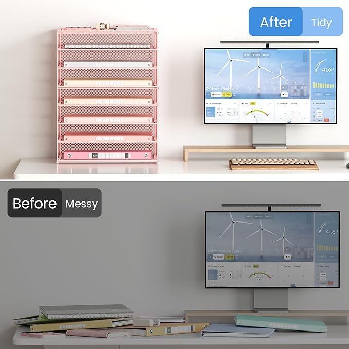 Lavatino 2 Pack 8-Tier Office Desk File Organizer, Letter Tray Paper Organizer with Handle, Including 5 Adjustable Slide Trays for Organizing Desk Workspace Accessories and Supplies (Pink Mesh)