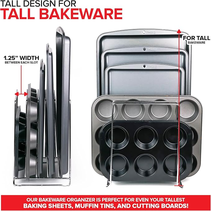 Stock Your Home Chrome (2 Pack) Extra Tall Steel Baking Pan Organizer Rack for Cabinet Storage or Kitchen Counter, Cookie Baking Sheet Organizer with Dividers, Muffin Tin and Cutting Board Holder
