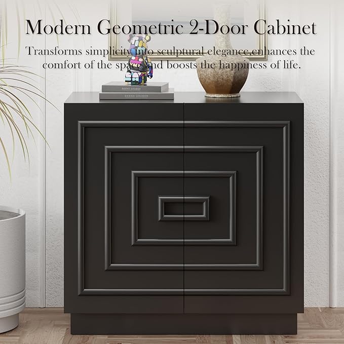 Aoikax Modern 2-Door Storage Cabinet, Sculptural Rustic Cabinet with Geometric Square Pattern, Contemporary Accent Cabinet for Bedroom, Living Room, Black