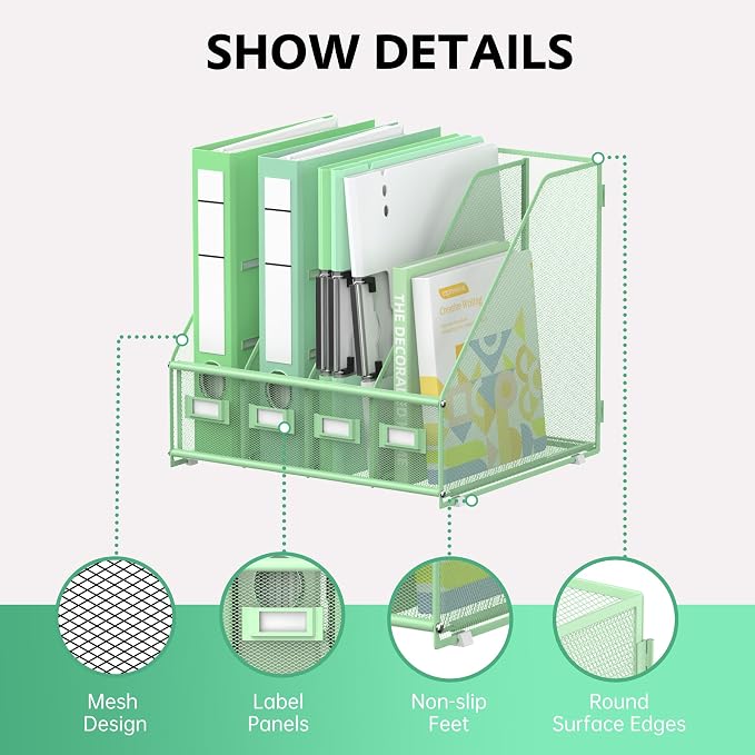 4 Vertical Compartments Magazine File Holder, Binder Organizer, Mint Green | Space-Saving Desktop Storage, Built-In Label Holders, Anti-Slip Feet, Sized for Binders, Folders, Magazines and Files
