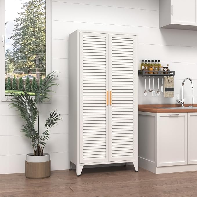 White Metal Storage Cabinet with Doors and 3 Adjustable Shelves 61"Tall Multifunctional Steel Heavy-duty Storage Locker for Kitchen Living Room Bedroom Home Office School 61"H X 27.6"W X 13.8"D