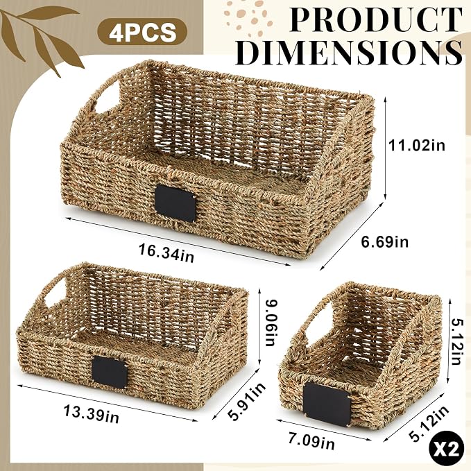 Wonderjune 4 Pcs Natural Seagrass Storage Baskets Set Stackable Handwoven Wicker Storage Bins with Chalkboard Label Built-in Handles Woven Container Basket Kitchen Baskets for Shelves