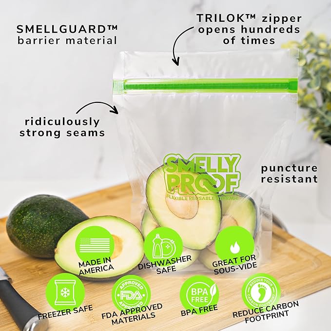 Smelly Proof 10 x Expandable Stand & Fill REUSABLE Storage Bags for Food Designed & Mfg in US, BPA FREE, NO PEVA, Reusable Sandwich Bags, Dishwasher-Safe, Clear 3 mils STAND UP 6.5" x 7.5" - 10pk