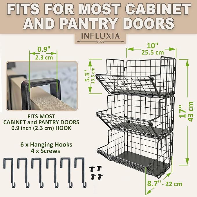 3-Tier Fruit Basket for Kitchen, 2-in-1 Countertop & Over Cabinet Door Hanging Organizer, Heavy Duty Fruit & Vegetable Storage Rack with Anti-Slip Liners, No Drilling