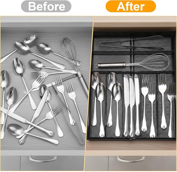 2 Pcs Utensil Drawer Silverware Organizer, Metal Mesh Expandable 13" ~24" Kitchen Drawer Organizer, 7-9 Slots Cutlery Tray Dividers for Kitchen Flatware Christmas Housewarming Gift (Black)