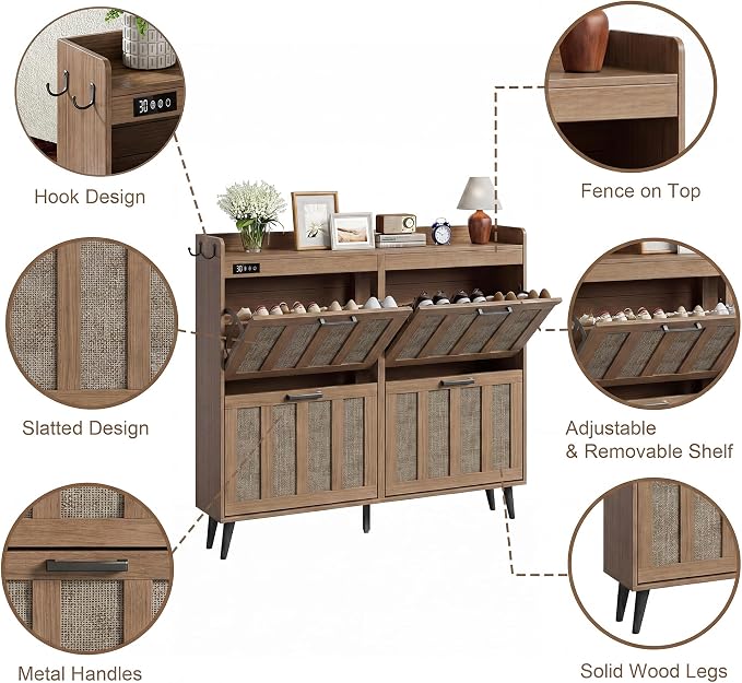 ChooChoo Shoe Storage Cabinet with 4 Flip Drawers, Deodorizing Shoe Organizer Storage for Entryway, Freestanding Hidden Slim Narrow Shoe Rack Cabinet, Rustic Oak