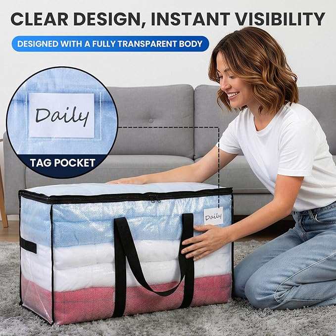 TAILI Extra Large Moving Bags, 8 Pack Clear Heavy Duty Totes For Storage with Visible Window, Wrap Around Handles, Storage Bags for Space Saving, Alternative to Moving Boxes