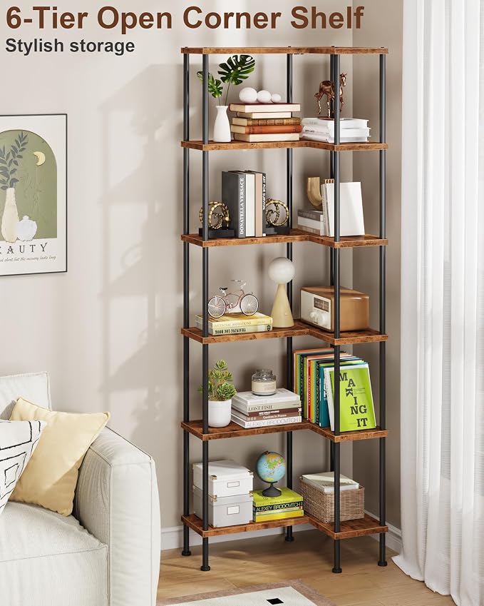 HIGDBFE 6-Tier L-Shaped Corner Bookshelf, 67" Tall Modern Corner Shelf | L-Shape Corner Fits Living Room, Bedroom, or Home Office Corners, Open Shelves, Display Rack for Books, Plants, and More