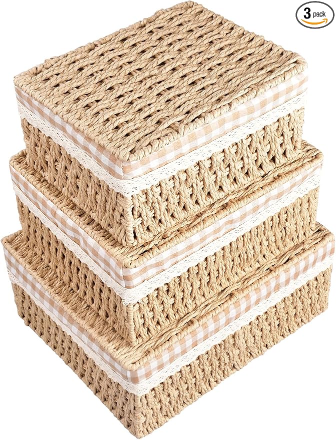 Set of 3 Wicker Storage Baskets with Lid and Liner Woven Storage Bins | Rectangular Woven Storage Bins for Shelves, Multipurpose Container Organizing Boxes for Home Wardrobe Bathroom Bedroom Decor