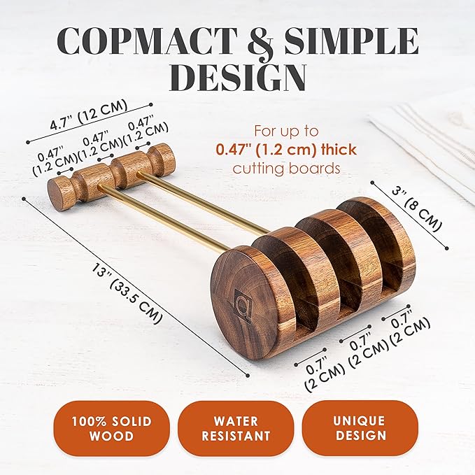 Premium Wood Cutting Board Organizer - Solid Acacia Wood Cutting Board Holder Stand w/Brass - Kitchen Chopping Board Rack by the Apace Living Premier Collection