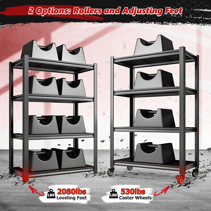 REIBII Rolling Storage Shelves Adjustable Shelf for Kitchen Office | 2080 LBS capacity,59.8" H x 31.5" W x 16.5" D,4 Tier,Black,Solid metal panels，360°wheels with lock,Boltless 10min assembly