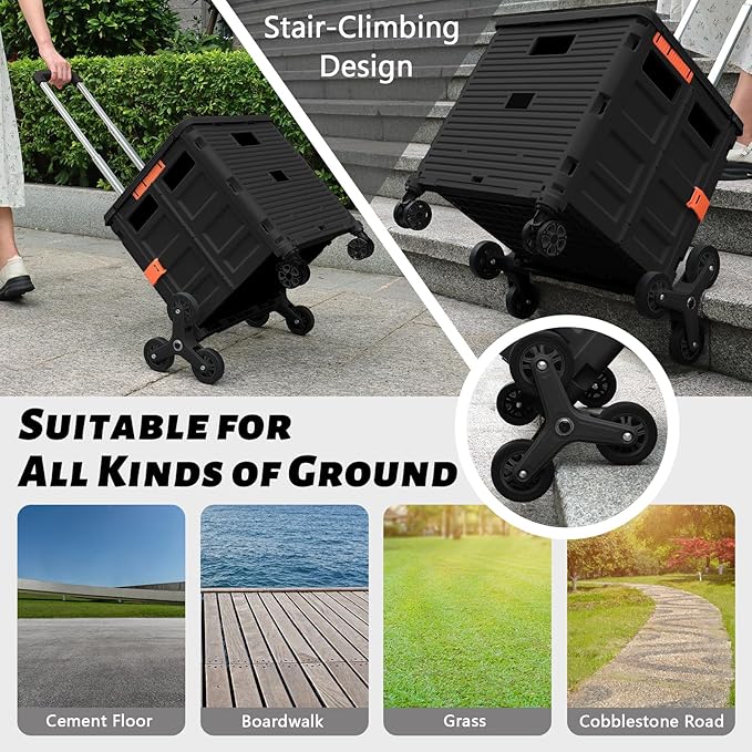 Foldable Utility Cart Collapsible Portable Crate Rolling Carts with Stair Climbing Wheels Tote Basket with Magnetic Lid Telescopic Cover Wear-Resistant 360°Rotate Wheel Noiseless for Shopping Office