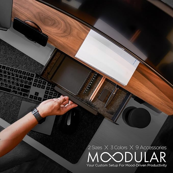 ULTRARM Moodular Wooden Monitor Stand Desk Organizer, Large 45.6" Walnut | Customizable Organized Workspace, Aluminum Slide Rails, 10 Add-Ons Sold Separately: Storage Drawer, Tablet, Phone & More