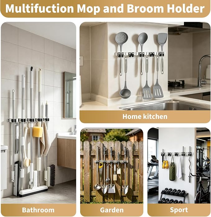 5 Racks 4 Hooks Mop and Broom Holder Wall Mount,Broom Organizer | Heavy Duty Rust-Resistant Utility Hangers, Non-Slip Grip Stainless Steel Tool Rack, Space Saver Clutter-Free Home, 1 Pc Black