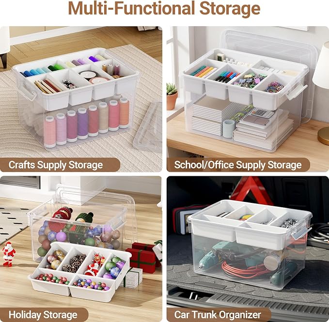 80Qt Large Stackable Storage Bins with Lids & Trays, Clear Plastic Latching Boxes Organizers with Dividers Portable 20Gal Containers for Arts & Crafts, Home and Car Trunk Organization, 2Pack