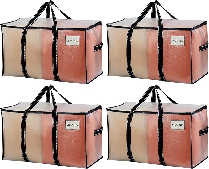 VENO 4 Pack Clear Moving Bags, 90L Extra Large Transparent Storage Totes, Heavy Duty 50lbs Load, Reinforced Handles, Zippers & Tag, See-Through Packing Boxes for Organizing Closet, Bedding, Clothes