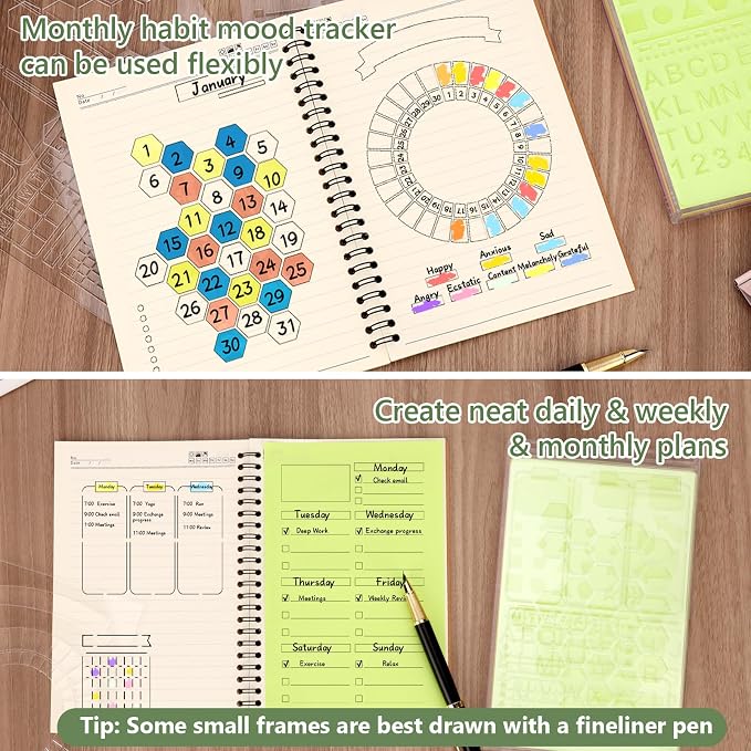 5" x 8" Sticky Notes Stencil and Holder Set with 5 Planner Stencils for A5 Journal Acrylic Post It Note Holder Organizer A5 Planner Stencil Record Templates Organizer for Desk School Office