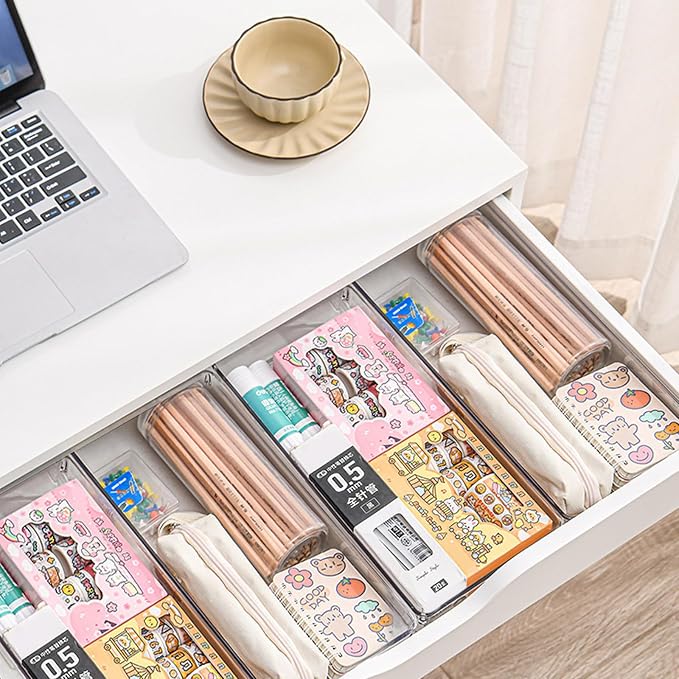 Clear Drawer Organizer Trays 6 Pack Plastic Dividers Bins | 15x6x2 Inch Desk Separator, Stackable Dresser Makeup Kitchen Office Storage Boxes, Cosmetic Utensil Flat Container Case