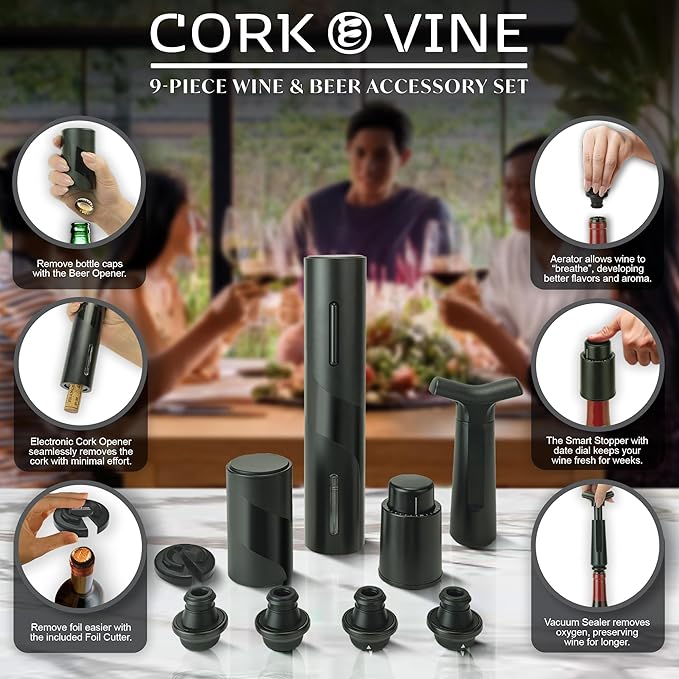 Cork & Vine ‘The Barkeeper’ 9-Piece Beer and Wine Set | Bar Accessories for The Home Bar Set | Battery Operated Cordless Beer & Wine Bottle Opener, Deluxe Wine Bottle Stopper | Preserve Opened Wine