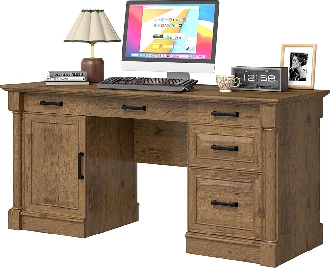 blini Large Farmhouse Executive Desk with Drawers，Wood Computer Desk，Embossed Texture Home Office Desk with File Cabinet Storage, Cable Management, Keyboard Tray，Working Table for Work Study Writing