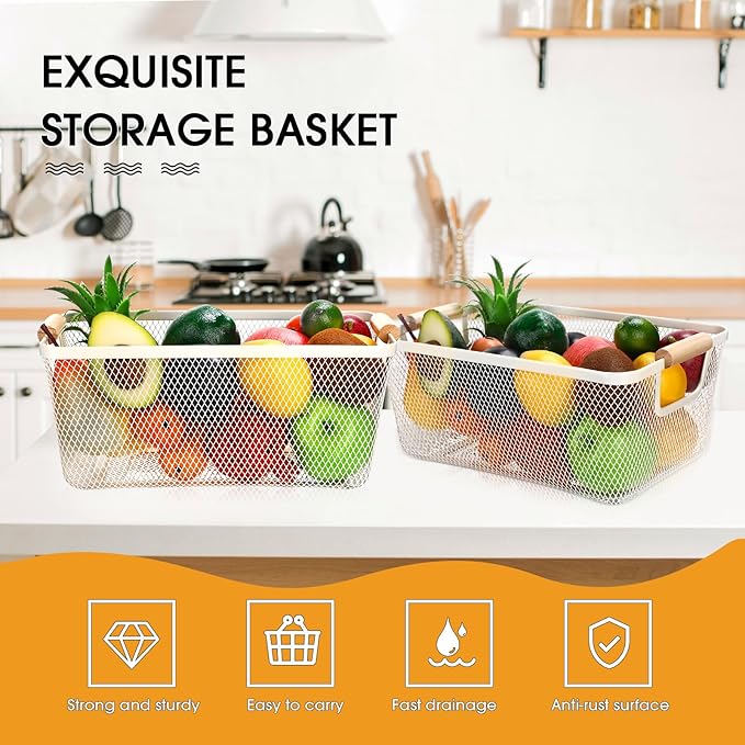 Ziliny 4 Pcs Metal Mesh Wire Baskets with Wooden Handles for Organizing, Pantry Organizers and Storage Steel Bin Kitchen Baskets for Fruit Potato Onion Snacks Bathroom Cabinet(Medium,Cream White)
