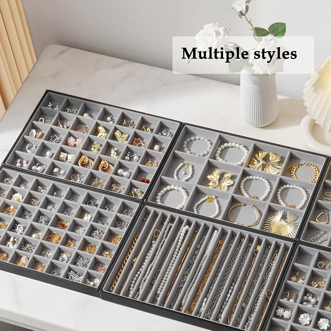 Large Jewelry Organizer Tray 2 Pack, Stackable Jewelry Storage Holder for Drawer Inserts, PU Leather Velvet Jewellery Display Case for Earring Bracelet Necklace Ring (Black Gray, 35 Grids)