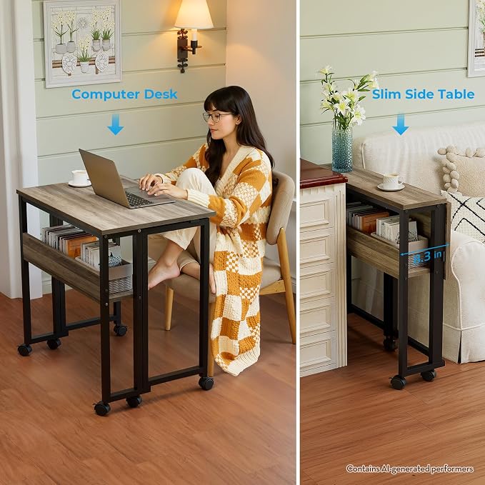 GreenForest Folding Desk with Wheels, 24.8" Rolling Table for Small Spaces | Storage Shelf, Lockable Casters, Compact Portable Workstation, Space-Saving Foldable Sofa Table, Home Office, Mobile, Grey