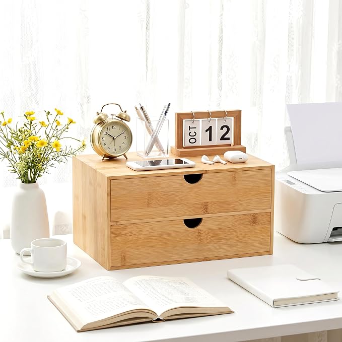 Bamboo Desk Organizer with Drawers, Desktop Storage for Office Supplies | 2 Drawers Desktop organizer, No Assembly Required, Natural Wood Wooden Desktop Drawers Box for Bills, Cosmetics, Seals, Paper
