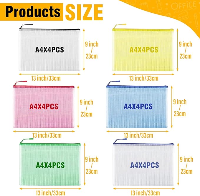 YOPCDJ 24pcs Mesh Zipper Pouch Bags A4 Zipper Bags for Classroom Organization, Waterproof Document Zipper Pouches for Cosmetics, Travel Storage File Bags for Office Supplie