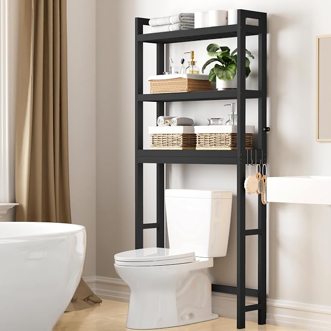 Smiry Over The Toilet Storage Cabinet, 3-Tier Bamboo Bathroom Organizers with Adjustable Shelf & 4 Hooks, Space Saving Shelf Rack for Bathrooms, Laundry Room, Balcony, Black